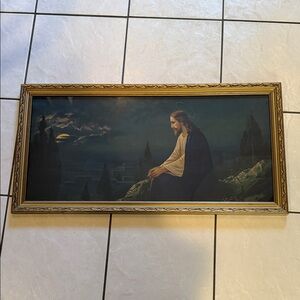 Vintage Jesus Framed Print On Mount Olives Dark Night Mountain Top Picture Art